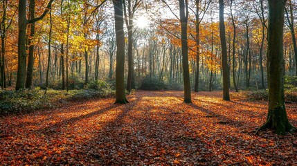 Fototapeta premium A beautiful forest scene in autumn, with a carpet of fallen leaves and sunlight filtering through the trees
