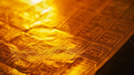 Fototapeta premium Close-up of a golden lottery ticket with glowing light rays, symbolizing luck and fortune, with ample copy space for text or design. Concept of chance, wealth, and opportunity. 
