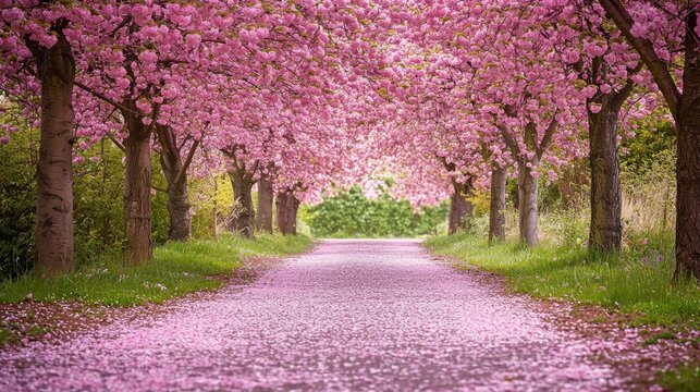 A beautiful spring scene with cherry blossom trees in full bloom, their pink petals covering the ground - Powered by Adobe