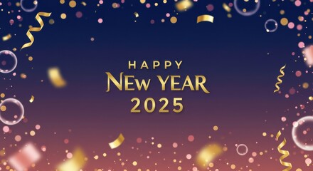 Happy New Year 2025 Background: Festive confetti and ribbons cascade against a gradient backdrop, creating a celebratory atmosphere for the new year.  