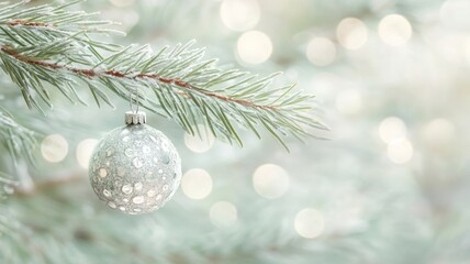 Fototapeta premium Silver Ornament Hanging From A Snowy Pine Branch