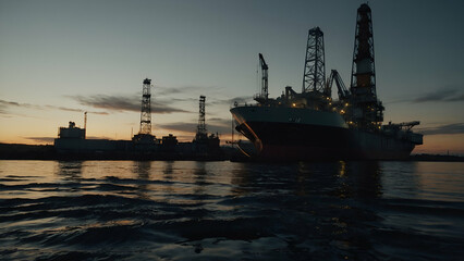 Industrial Factory with Smokestacks and Sunset Sky Over an Urban City Skyline"