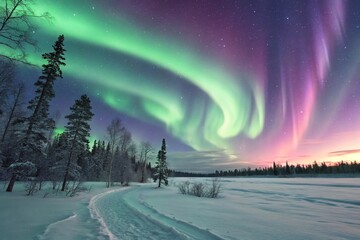 Majestic Display of Vibrant Aurora Borealis Swirling Over a Pristine Snowfield Under the Crisp Winter Air, Showcasing Nature's Spectacular Color Palette in Ultimate Clarity