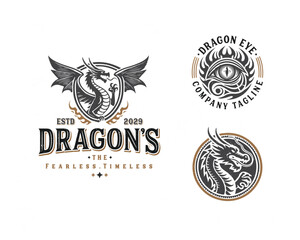 Vintage classic mythological beast dragon fire illustration logo for business company