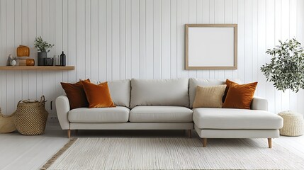 Modern living room interior with beige sectional sofa, wooden shelf, and plants.