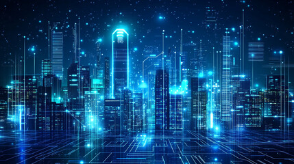 Fototapeta premium Smart digital city with connection cyber security network reciprocity over the cityscape, End-to-end encrypted data, holographic TOR network, advanced firewall security, sleek design