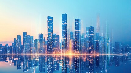 Fototapeta premium Economic growth represented by skyscrapers rising from bar graphs.