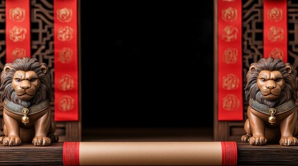 Chinese New Year Decoration Concept, Traditional Lion Figurines Placed on Either Side of Blank Space with Red Banners in Background