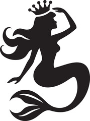 Elegant Black Silhouette Mermaid Princess with Crown Illustration