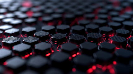 Fototapeta premium Futuristic Hexagonal Pattern with Neon Red Glows and Dark Surface, black hexagons with red glowing edges on the surface