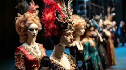 Naklejka premium Row of mannequins in elaborate theatrical costumes and headwear, backstage.