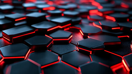 Obraz premium Abstract Hexagon Pattern with Red Glowing Edges, Red and black hexagons wireframe wallpaper, desktop background, 