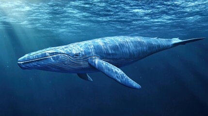 Obraz premium A blue whale swimming near the ocean's surface.