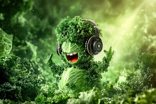 A kale leaf with headphones and a microphone, beatboxing on a leafy stage