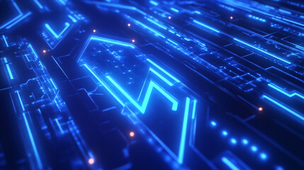 A futuristic 3D background featuring geometric shapes and glowing lines in blue hues, Abstract technology background in blue tones with backlit light. Copy space.