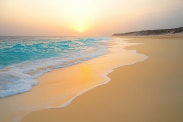 Sunset beach scene with turquoise waves gently lapping golden sand. (1)