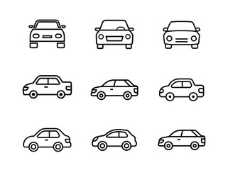 Obraz premium Set of line silhouette car icon illustration. car silhouette on white background. Vehicle icons set side and front view.