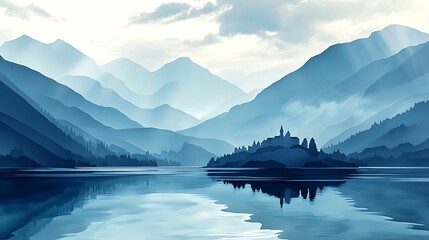 Fototapeta premium Serene Mountain Lake Castle Scenic View