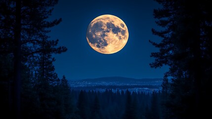 Majestic Full Moon Over Silhouetted Forest and City Lights