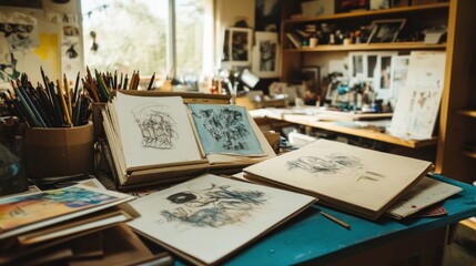 Artist's workspace with sketches, pencils, and art supplies on a blue table.