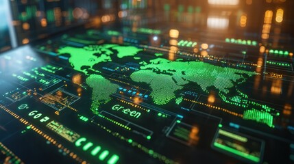 Obraz premium Green digital world map on futuristic screen.