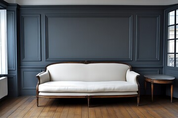 Elegant white sofa in a classic room with dark gray wainscoting and hardwood floors.