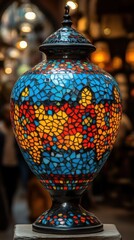 Colorful mosaic glass lamp on display.