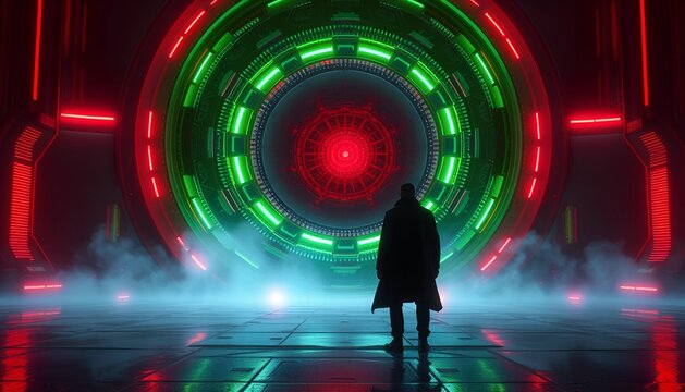 Mystical Glow: Silhouette Framed by Green and Red Illuminated Tunnel