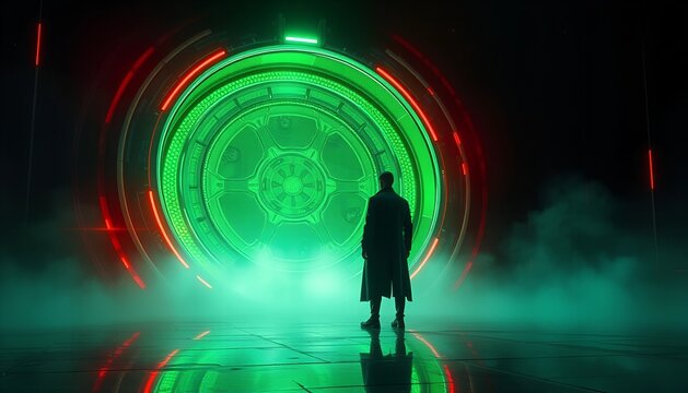 Abstract Journey: Figure Silhouetted in a Radiant Green and Red Passageway