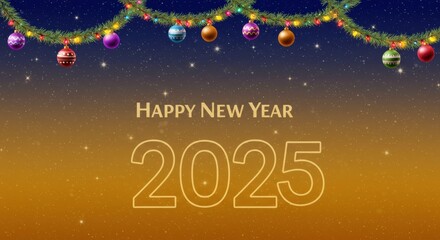 New Year's Eve 2025:  A shimmering, starry backdrop with a festive garland and "Happy New Year 2025" in a contemporary design. Perfect for greeting cards, social media posts, or festive backgrounds. 