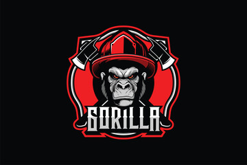 Firefighter gorilla head cartoon character vector logo template