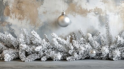 Silver Ornament Hanging Above Snowy Pine Branches