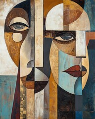 Abstract Cubist Portrait Paintings with Bold Earthy and Teal Tones