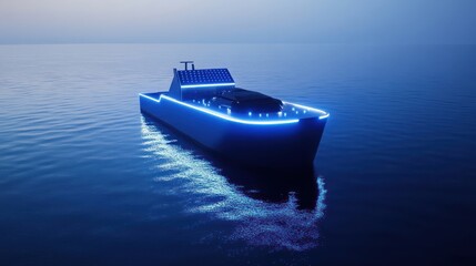 Fototapeta premium Futuristic cargo ship with blue neon lights sailing on calm sea at night.