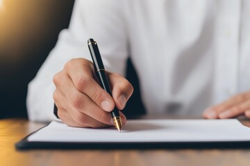 Close-up of a lawyer's hand meticulously writing notes with a fountain pen. Serious focus.