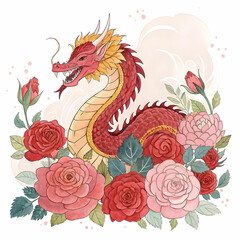illustrations of watercolor Chinese dragon nestled