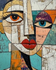 Abstract Cubist Portrait Paintings with Bold Earthy and Teal Tones