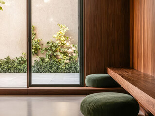 Modern minimalist interior with natural light and greenery in a serene setting