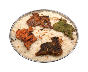 Peshawar biryani rice with four variety flavoured fried chicken, Green chilli, pepper, honey and Alfahm chicken served in a large plate for family or group