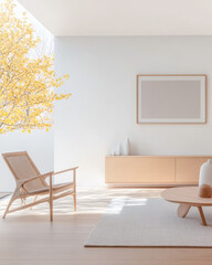 Modern living room with warm autumn light and minimalistic decor elements