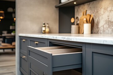 Modern kitchen cabinets with open drawers, marble countertop, and wooden utensils.