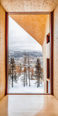 Modern architecture frame showing winter landscape with snow-covered trees and mountains