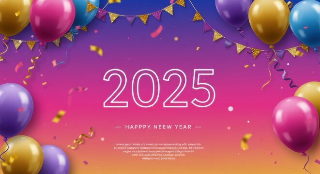 Happy New Year 2025: A vibrant celebration of new beginnings. Balloons, confetti, and festive flags create a joyful atmosphere for the arrival of 2025.