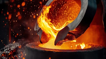 foundry,pouring molten metal into mold, capturing intense heat and precision of metalworking process with glowing liquid metal contrasting against dark industrial background