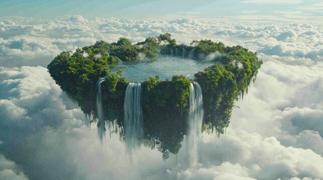 Lush, floating island paradise with waterfalls and a serene lake amidst clouds.