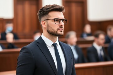 Fototapeta premium Confident lawyer in a courtroom, poised and ready. A serious legal battle unfolds