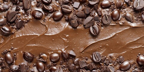 Mocha mousse creamy chocolate with chocolate covered coffee beans background color of the year with copy space 