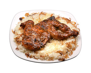 Honey glazed fried chicken Peshawar rice in a white ceramic plate