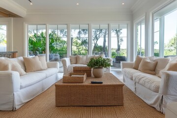 Fototapeta premium Bright, airy living room with white sofas, wicker coffee table, and large windows overlooking lush greenery.