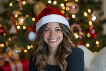 A smiling woman in a Santa hat, celebrating the festive season.